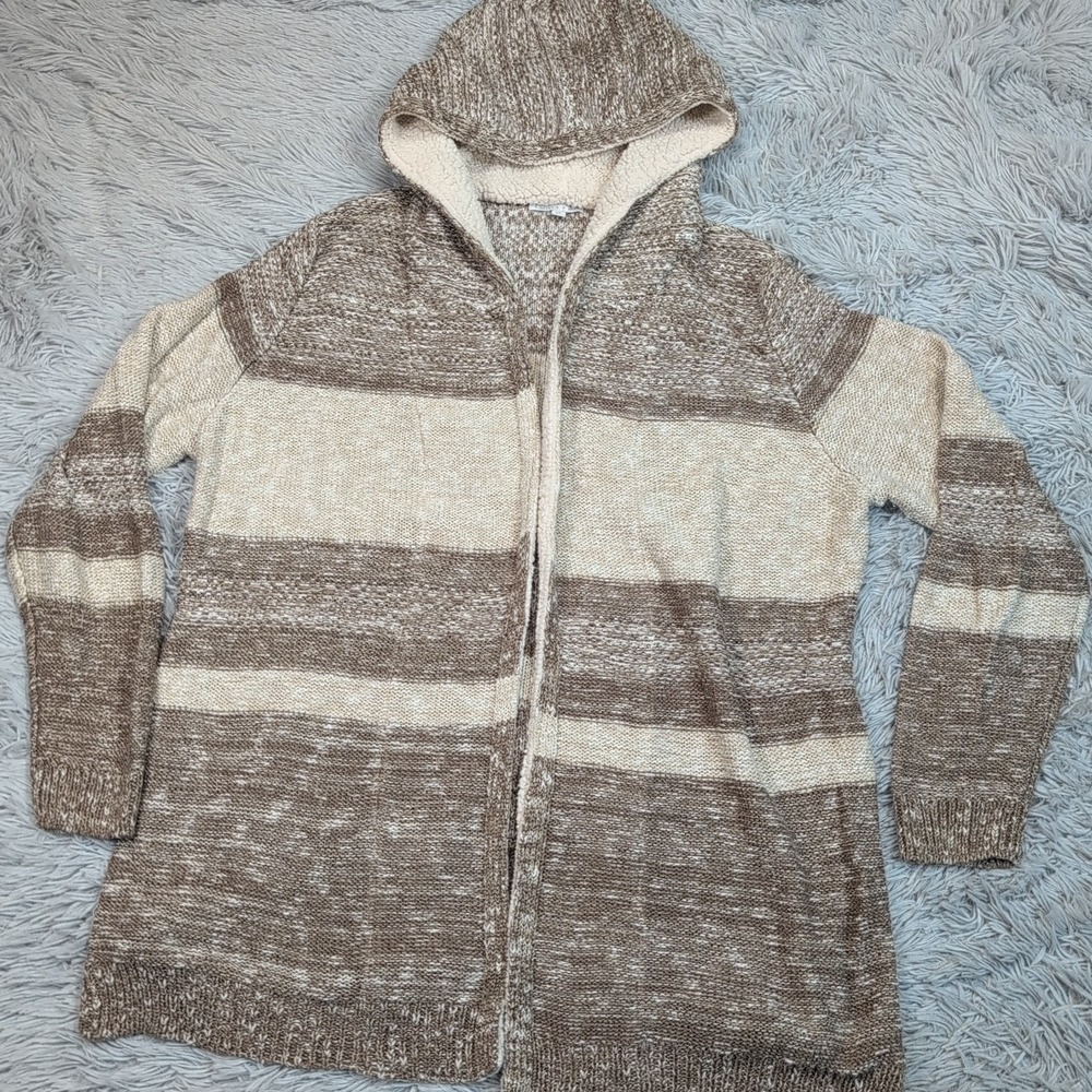 Karissa Me Sweater Womens XL Biege Cardigan Open Front Hood Comfort Cozy Preppy